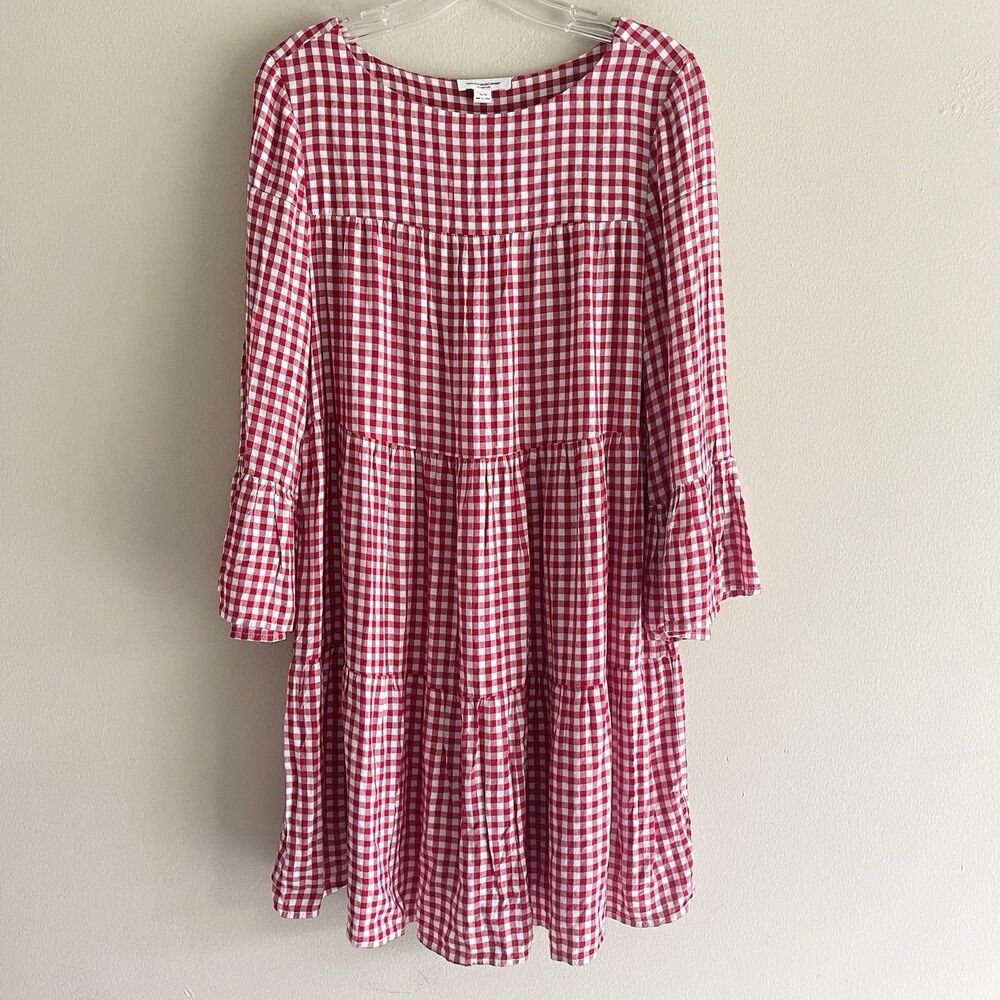 BeachLunchLounge Red White Gingham Tiered Dress Size L Bell Sleeves Soft Comfy
